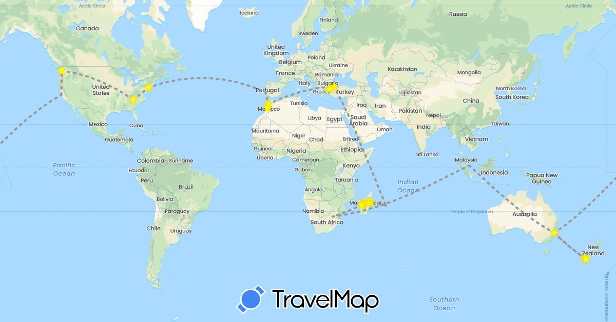 TravelMap itinerary: driving, plane, boat in Australia, Morocco, Madagascar, Mauritius, New Zealand, Portugal, Singapore, Turkey, United States, South Africa (Africa, Asia, Europe, North America, Oceania)